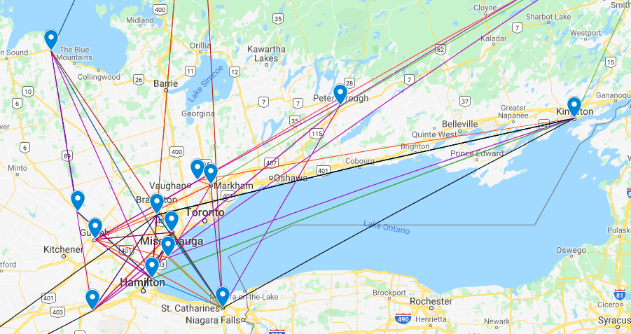 Southern Ontario tour locations map - zoomed in