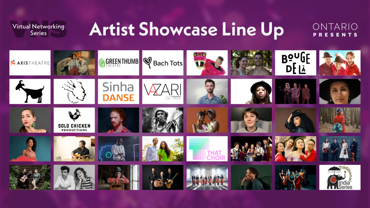 Purple image featuring headshots/logos for the 40 artists selected to showcase. Logo for Virtual Networking Series and Ontario Presents are featured at the top of the image. Text reads: Artist Showcase Line Up. 